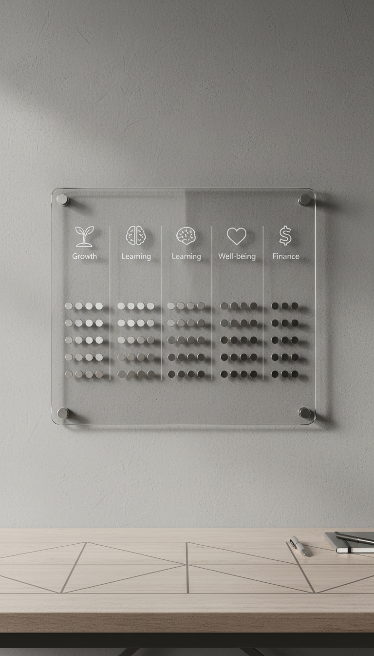 A minimalist transparent glass habit tracker board mounted on a matte stone-gray wall, featuring five cleanly etched columns labeled with subtle icons for each growth domain. Magnetic metallic markers are attached in neat rows, denoting regular achievements. The setting includes a neutral-toned workspace with a faint, structured grid pattern on the desktop beneath. Soft, indirect studio lighting produces smooth highlights and balanced shadows, keeping the focus on the transparency and clarity of the board. The atmosphere is efficient and motivating, ideal for a serious, corporate environment. Photographed from a slightly raised frontal angle, the composition is structured and balanced, reinforcing the organized, photographic, and professional design ethos.