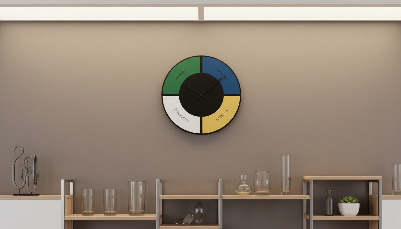 A pristine matte black analog wall clock, its face divided into five colored segments subtly representing different areas: green for health, blue for wealth, yellow for lifestyle, white for mindfulness, and gray for community. The clock is mounted on a smooth taupe accent wall above a modular shelving system displaying minimalist glass and metal objects. Overhead, soft diffused lighting highlights the textures without harsh glare, casting gentle, even shadows. The mood is purposeful and contemplative, suggesting structured time management and proactive progress. Captured at eye-level with centered composition, depth is maintained throughout for clarity. The image’s photographic, clean, and modern style matches a professional wellness tracking platform.