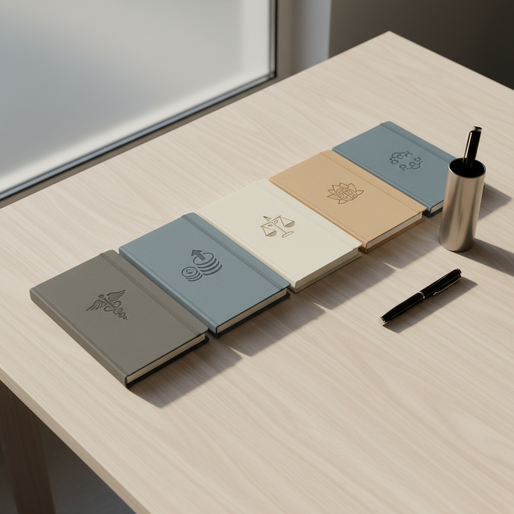 A set of five premium hardcover notebooks in a neat row, each with a matte finish in muted tones (charcoal, slate, ivory, sand, and steel blue), subtly embossed with icons denoting health, wealth, lifestyle, mindfulness, and community. The notebooks lay parallel on an immaculate pale wooden table beside a brushed metal pen holder. Gentle morning light filters through frosted glass, creating soft, elongated shadows and delicate highlights across the matte covers. The mood is serene, focused, and forward-thinking, highlighting intentional planning and reflection. Captured from a diagonal overhead angle with sharp focus and careful symmetry, the photographic image style is minimal, clean, and professional—ideal for a wellness tracking site.