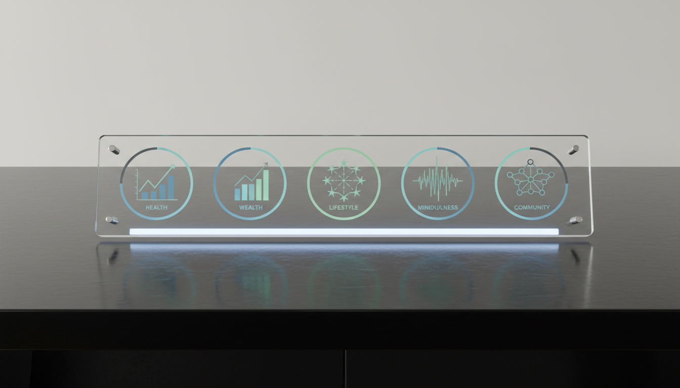 A modern clear acrylic desktop dashboard with five digital widgets embedded, each displaying stylized metric graphs in subdued blue, green, and gray tones representing progress in health, wealth, lifestyle, mindfulness, and community. The dashboard rests on a sleek black lacquer desk, with a subtle digital glow from beneath enhancing the clean lines. Even, soft-white LED lighting provides clarity without harsh contrast, casting minimal soft-edged reflections. The ambience is advanced, calm, and highly organized, conveying the precision and effectiveness of regular self-improvement check-ins. The straight-on frontal composition emphasizes structure and order, in sharp focus, with a photographic, professional, clean, and modern corporate appearance appropriate for proactive goal tracking.