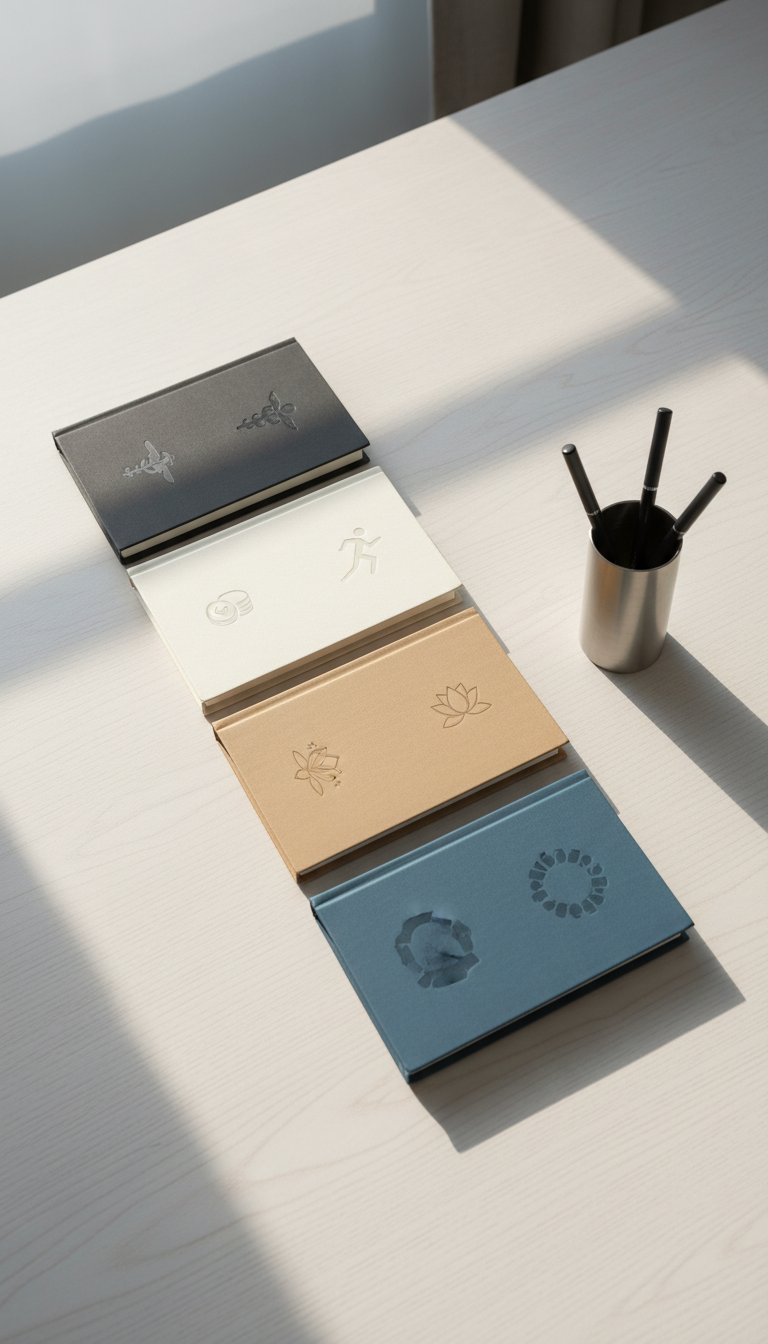 A set of five premium hardcover notebooks in a neat row, each with a matte finish in muted tones (charcoal, slate, ivory, sand, and steel blue), subtly embossed with icons denoting health, wealth, lifestyle, mindfulness, and community. The notebooks lay parallel on an immaculate pale wooden table beside a brushed metal pen holder. Gentle morning light filters through frosted glass, creating soft, elongated shadows and delicate highlights across the matte covers. The mood is serene, focused, and forward-thinking, highlighting intentional planning and reflection. Captured from a diagonal overhead angle with sharp focus and careful symmetry, the photographic image style is minimal, clean, and professional—ideal for a wellness tracking site.