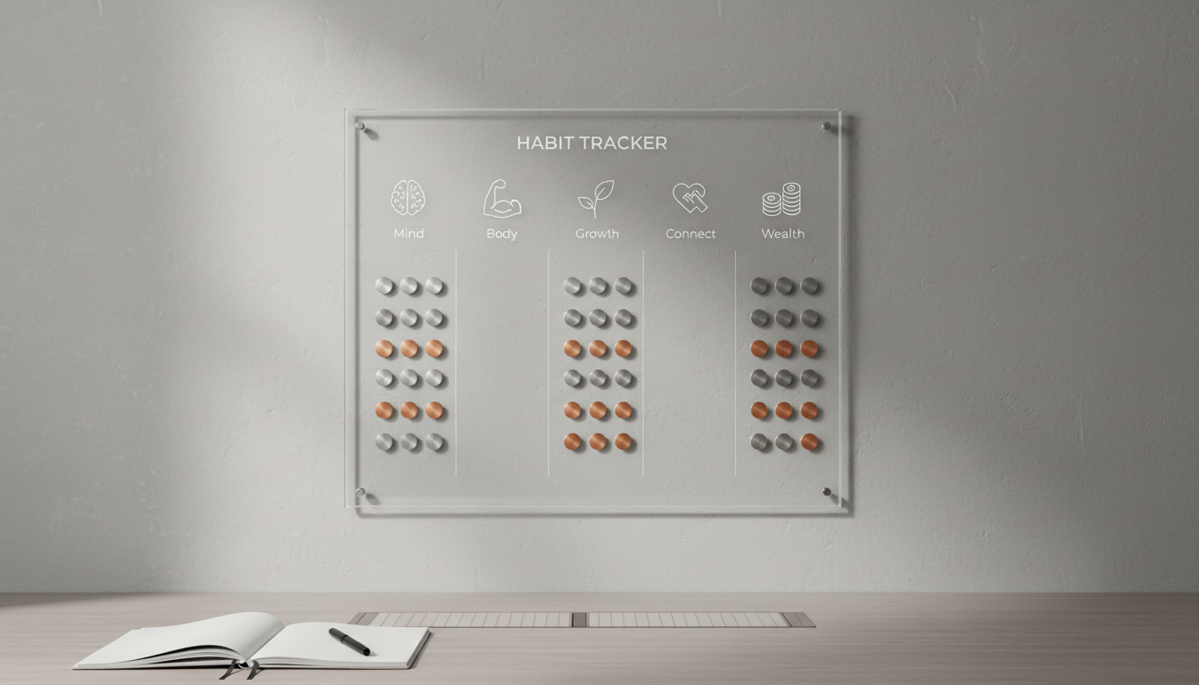 A minimalist transparent glass habit tracker board mounted on a matte stone-gray wall, featuring five cleanly etched columns labeled with subtle icons for each growth domain. Magnetic metallic markers are attached in neat rows, denoting regular achievements. The setting includes a neutral-toned workspace with a faint, structured grid pattern on the desktop beneath. Soft, indirect studio lighting produces smooth highlights and balanced shadows, keeping the focus on the transparency and clarity of the board. The atmosphere is efficient and motivating, ideal for a serious, corporate environment. Photographed from a slightly raised frontal angle, the composition is structured and balanced, reinforcing the organized, photographic, and professional design ethos.